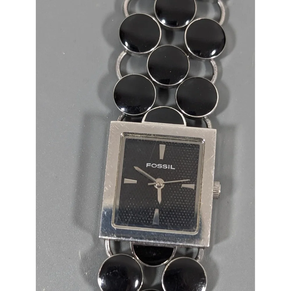 Fossil Black‎ Enamel Watch Womens Silver Tone Bracelet Working